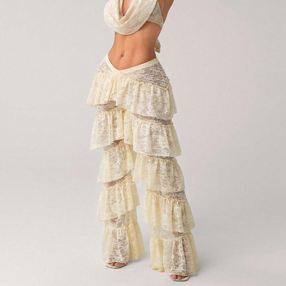 Beige Sexy Women's Y2k V-Front Low Waist Long Pants